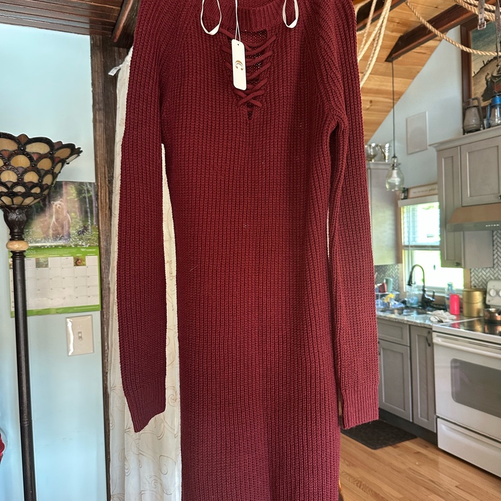 Charming Charlie Red Ribbed Long Sleeve Dress